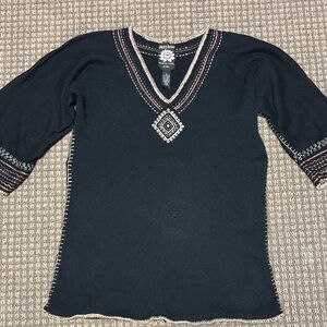 Lucky Brand Black Embroidered V-Neck Boho Top with 3/4 Sleeves Sz M